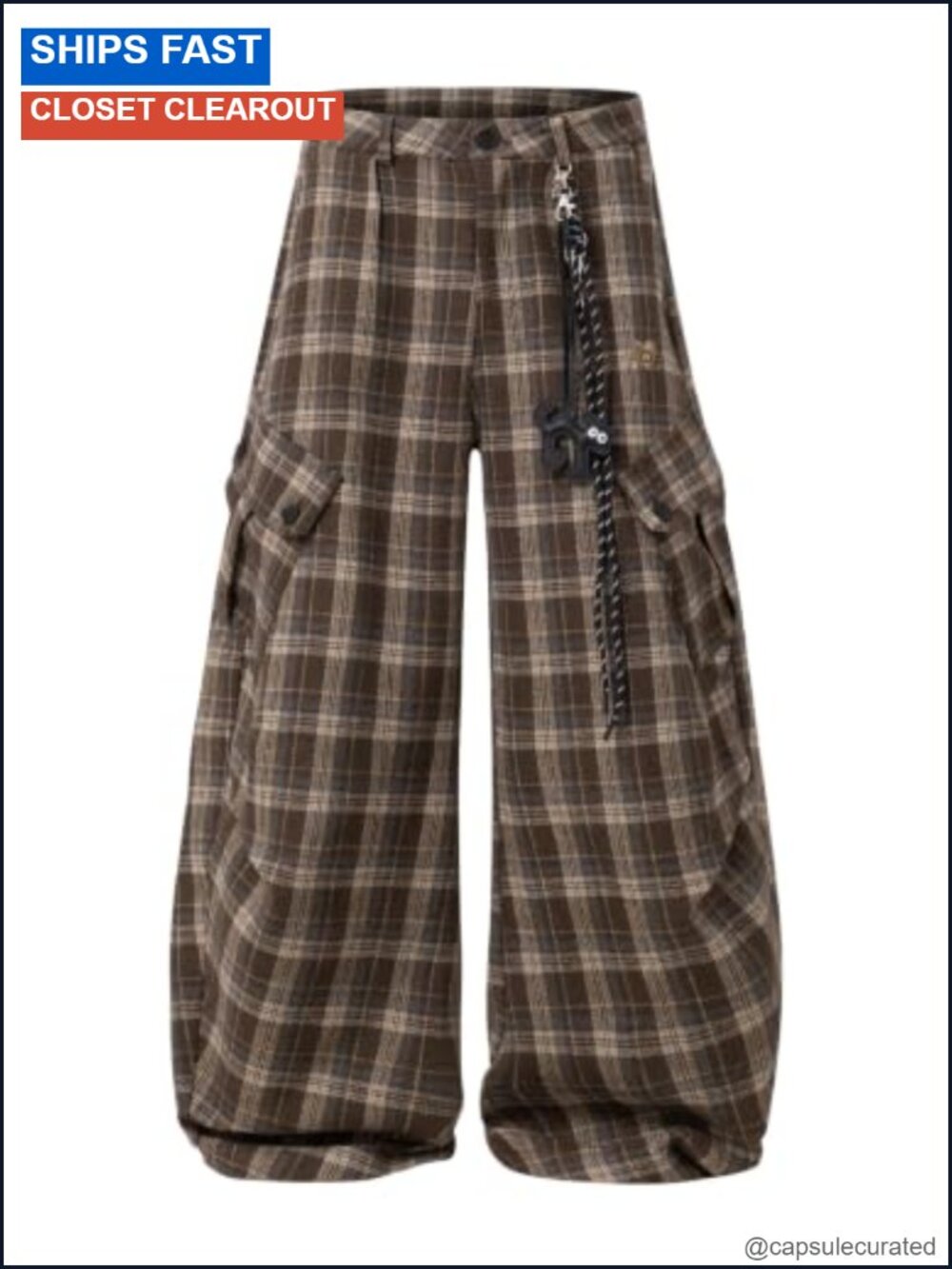 Aelfric Eden Plaid Cargo Pants Wide Leg Baggy Y2K Streetwear Trousers with Chain